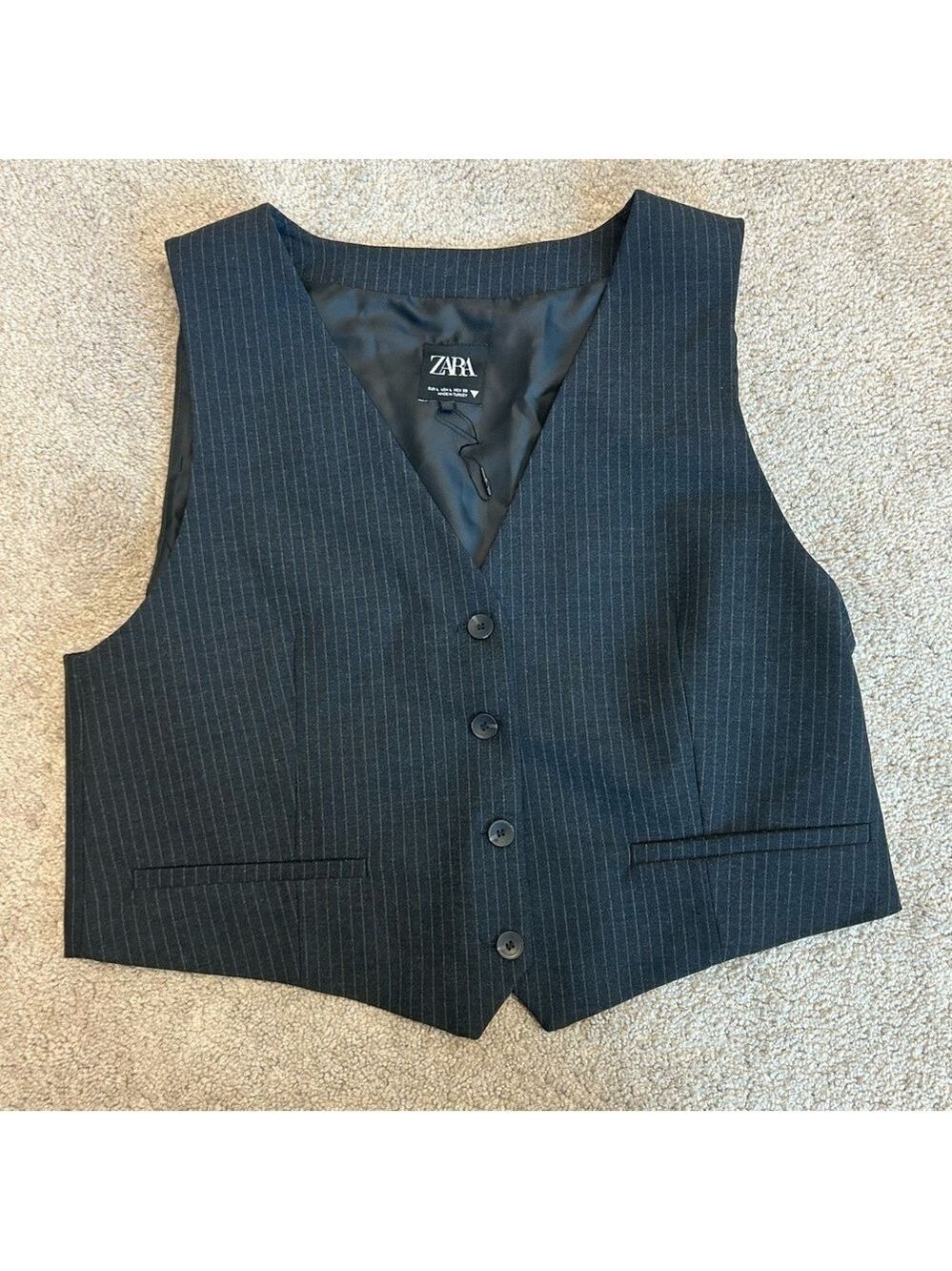 Zara dark gray micro pinstripe vest welt pockets Sz L NWOT